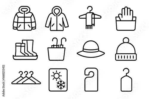 Seasonal Coat Storage Icons. Outline icon set of seasonal coat storage: winter coat, rain jacket, scarf hanger