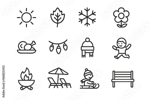 Seasonal Family Icons. Outline icon set of seasonal family reunions: summer sun, fall leaf, winter snowflake,