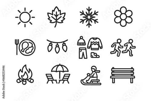 Seasonal Family Icons. Outline icon set of seasonal family reunions: summer sun, fall leaf, winter snowflake,