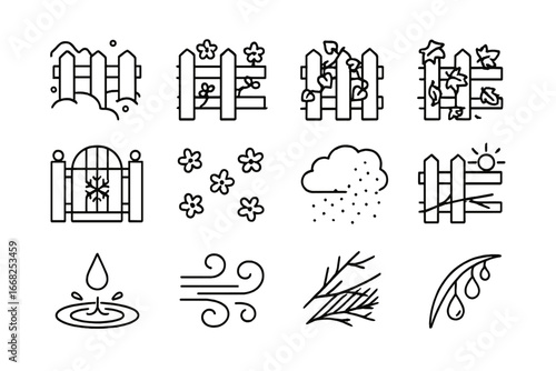 Seasonal Fence Icons. Outline icon set of seasonal countryside fencing: snowy fence, spring bloom, summer