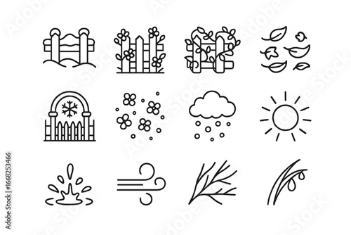 Seasonal Fence Icons. Outline icon set of seasonal countryside fencing: snowy fence, spring bloom, summer