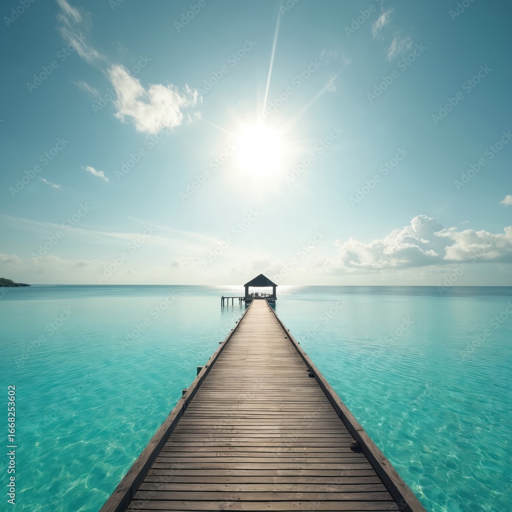 Fototapeta premium Serene wooden pier extends into calm, turquoise ocean waters under bright sunny sky with scattered clouds. Walkway leads to small covered structure, offering tranquil scene of tropical paradise