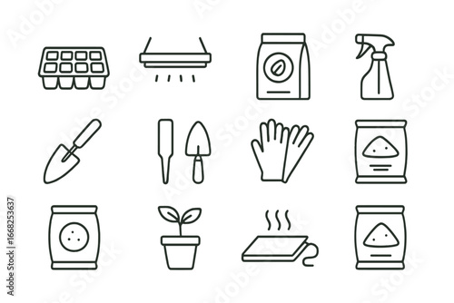 Seed Starting Icons. Outline icon set of seed starting section: seed tray, grow light, seed packet, watering