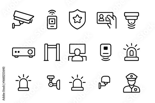 Security Icon Set. Outline icon set of security infrastructure in facilities: CCTV camera, sensor alarm,