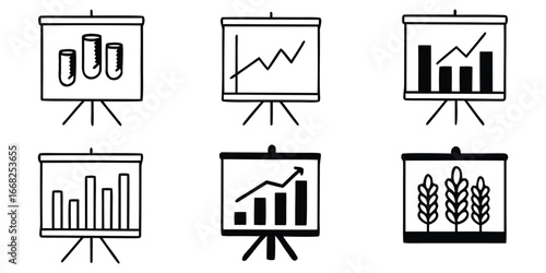 Six hand drawn doodle style presentation boards with various charts and graphs flip chart easel