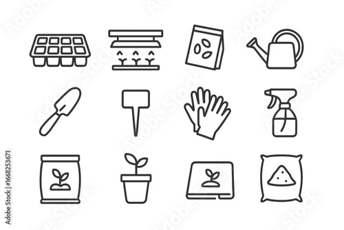 Seed Starting Icons. Outline icon set of seed starting section: seed tray, grow light, seed packet, watering