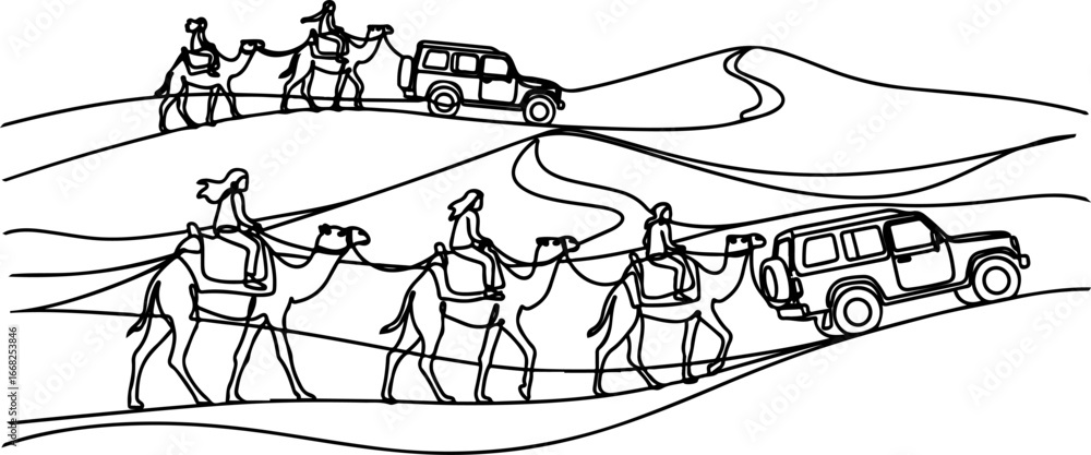 Obraz premium Line Art Illustration of Camel Caravan and SUVs in Desert Landscape