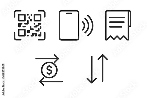 Digital payment and financial transaction icons: QR code, smartphone, receipt, currency exchange