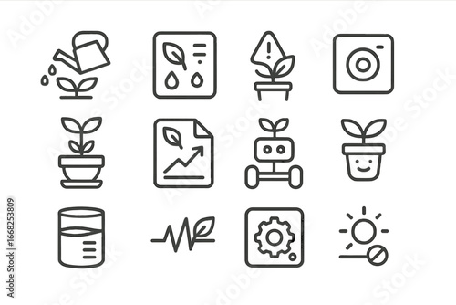 Self-Managing Plant Icons. Outline icon set of self-managing plant systems: auto irrigation, humidity panel,