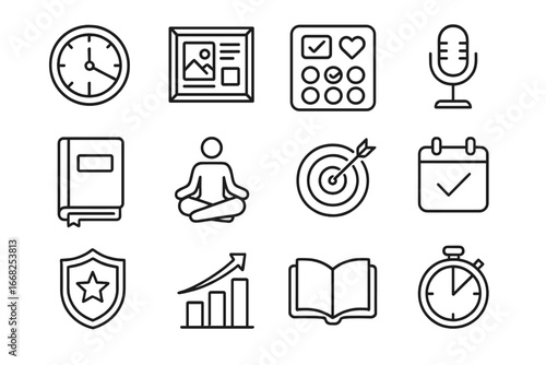 Self-Improvement Icon Set. Outline icon set of self-improvement techniques: time tracker, vision board, habit