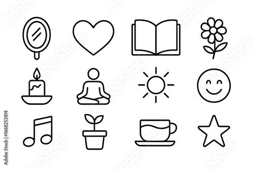 Self-Love Icon Set. Outline icon set of self-love after heartbreak: mirror, heart, book, flower, candle, yoga