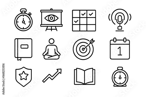 Self-Improvement Icon Set. Outline icon set of self-improvement techniques: time tracker, vision board, habit