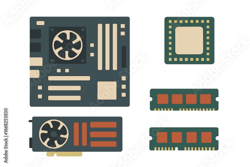Computer hardware components: motherboard, CPU, RAM, graphics card in flat design