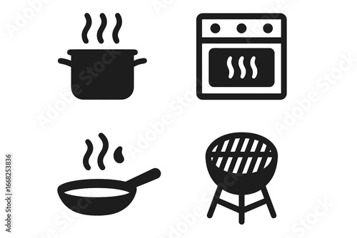 Cooking icons: pot, pan, oven, grill with steam for heat and process