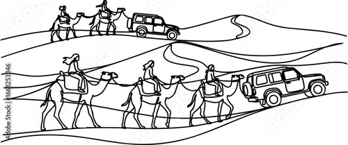 Line Art Illustration of Camel Caravan and SUVs in Desert Landscape