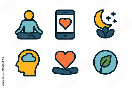 Mental wellness and healthy lifestyle icons for self-care and balance