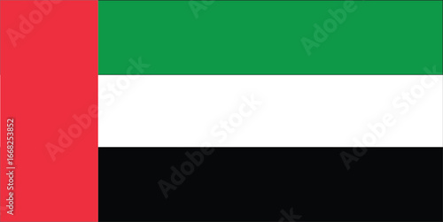Vector art of the UAE flag with vibrant red, green, white, and black colors. Features a vertical red stripe and horizontal stripes, symbolizing unity and pride. Perfect for national and cultural days.