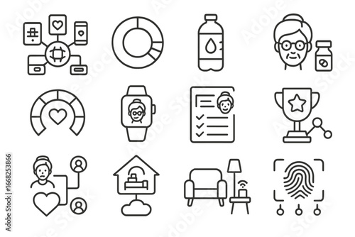 Senior Wellness Icons Grid. Outline vector icons of senior wellness ecosystems: connected devices hub, sleep