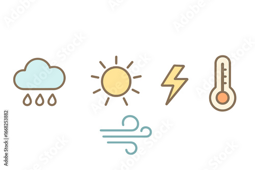 Modern weather icons for rain, sun, lightning, thermometer, and wind