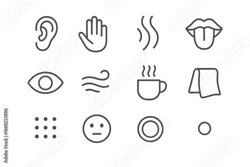 Sensory Awareness Icons. Outline icon set of sensory awareness: ear icon, hand touch, aroma wave, taste bud,