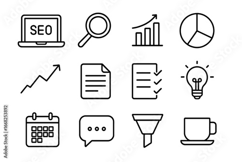 SEO Icon Grid. Outline icon set of SEO and analytics meetings: laptop, magnifying glass, bar chart, pie chart,