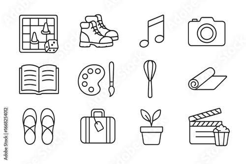 Shared Hobbies Icons. Outline icon set of shared hobbies: board game, hiking boots, musical note, camera icon,