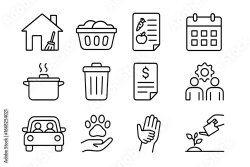 Shared Task Icons. Outline icon set of shared responsibilities: house chore icon, laundry basket, grocery list