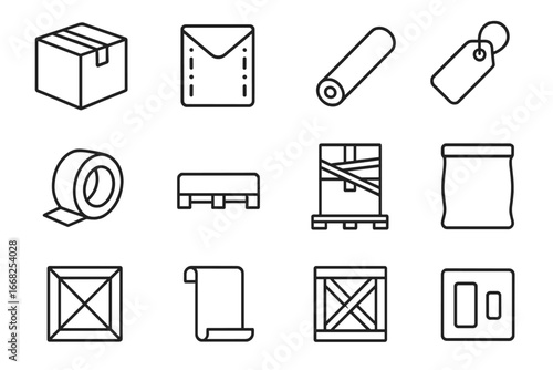 Shipping Icon Set. Outline icon set of shipping and mailing packaging: cardboard box, padded envelope, mailing