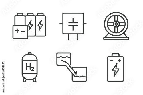 Energy sources and storage icons: batteries, hydrogen, capacitor, turbine