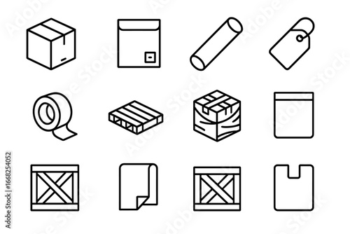 Shipping Icon Set. Outline icon set of shipping and mailing packaging: cardboard box, padded envelope, mailing