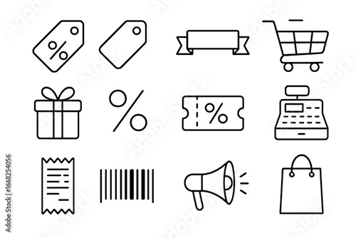 Shopping Sale Icons. Outline icon set of clearance and outlet sales: discount tag, price tag, sale banner,
