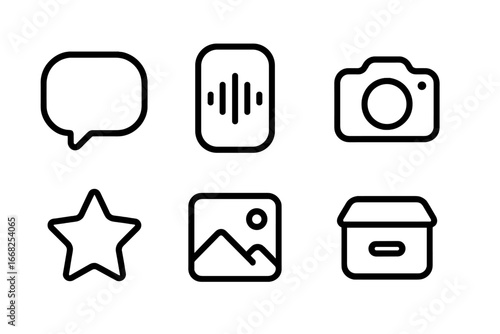 Outline icons for communication, media, and organization: speech bubble, audio, camera, star, landscape, inbox