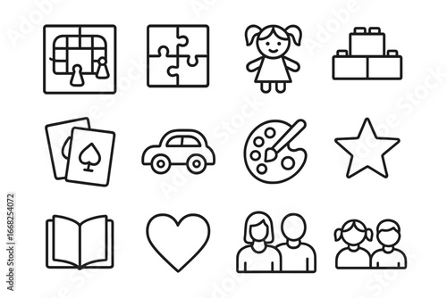 Sibling Indoor Games Icons. Outline icon set of sibling indoor games: board game, puzzle, doll, building