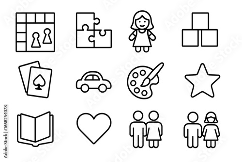 Sibling Indoor Games Icons. Outline icon set of sibling indoor games: board game, puzzle, doll, building