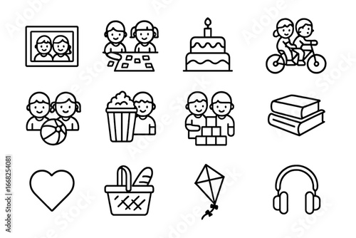Sibling Moments Icons. Outline icon set of sibling moments: photo frame, board game, cake, bicycle, beach ball