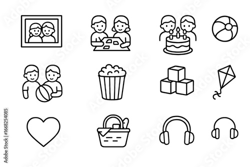 Sibling Moments Icons. Outline icon set of sibling moments: photo frame, board game, cake, bicycle, beach ball