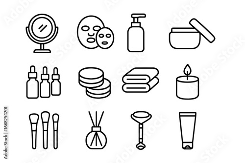 Skincare Icon Grid. Outline icon set of skincare and beauty corner: mirror, face masks, cleanser, moisturizer,