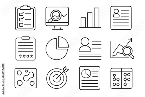 Skills Gap Analysis Icons. Outline icon set of skills gap analysis: checklist board, analytics screen,