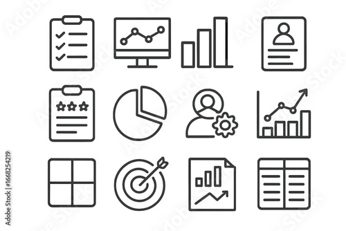 Skills Gap Analysis Icons. Outline icon set of skills gap analysis: checklist board, analytics screen,