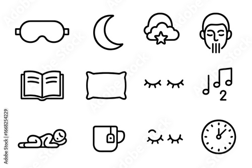 Sleep Meditation Icons. Outline icon set of sleep meditation: sleep mask, moon icon, star cloud, calm breath,