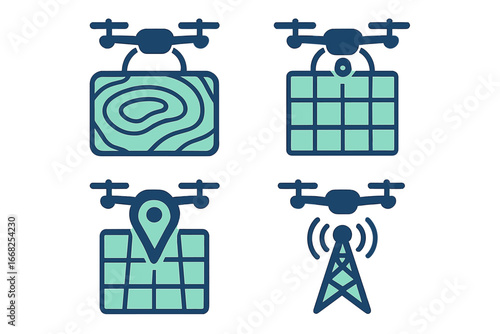 Drone technology icons for aerial mapping, surveillance, and communication