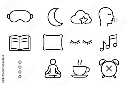 Sleep Meditation Icons. Outline icon set of sleep meditation: sleep mask, moon icon, star cloud, calm breath,
