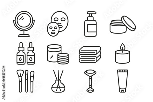 Skincare Icon Grid. Outline icon set of skincare and beauty corner: mirror, face masks, cleanser, moisturizer,