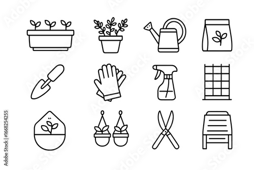 Small-Space Gardening Icons. Outline icon set of small-space gardening: planter box, potted herbs, watering