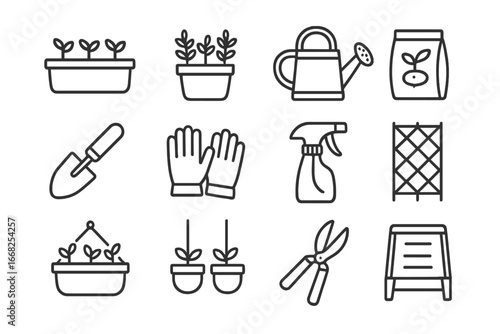 Small-Space Gardening Icons. Outline icon set of small-space gardening: planter box, potted herbs, watering