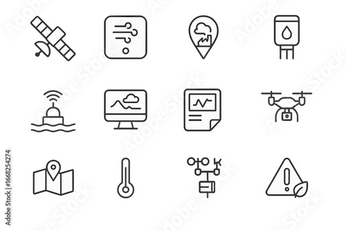 Smart Environmental Icons. Outline icon set of smart environmental monitoring: satellite, air quality sensor,