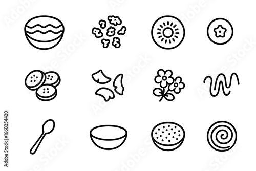 Smoothie Bowl Icons. Outline icon set of smoothie bowls: acai base, granola topping, kiwi slice, blueberry,