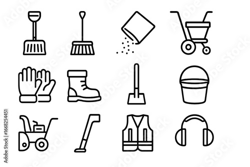Snow Removal Tools. Outline icon set of snow removal from sidewalks: snow shovel, push broom, de-icing salt,