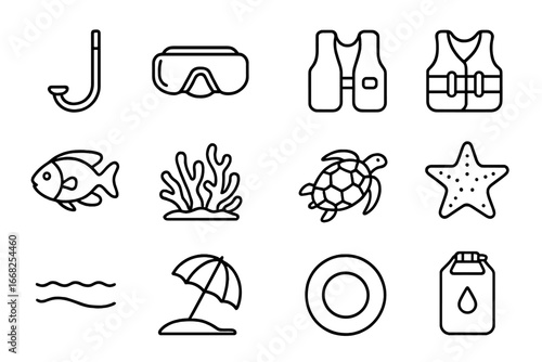 Snorkeling Tour Icons. Outline icon set of snorkeling tour: snorkel, diving mask, fins, inflatable vest,