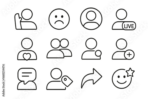 Social App Icon Set. Outline vector icons of avatar interactions in social apps: like wave, reaction face,